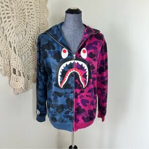 A Bathing Ape BAPE Men's Shark Split Blue Pink Camo Hoodie Size Medium